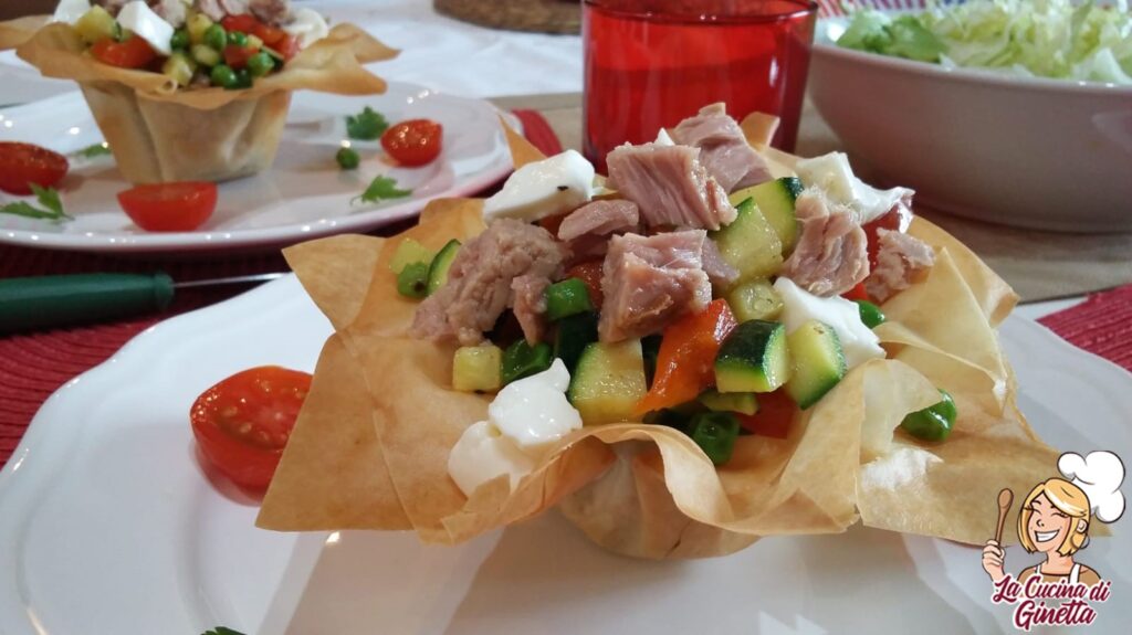 cestini di pasta fillo con verdure tonno e stracchino