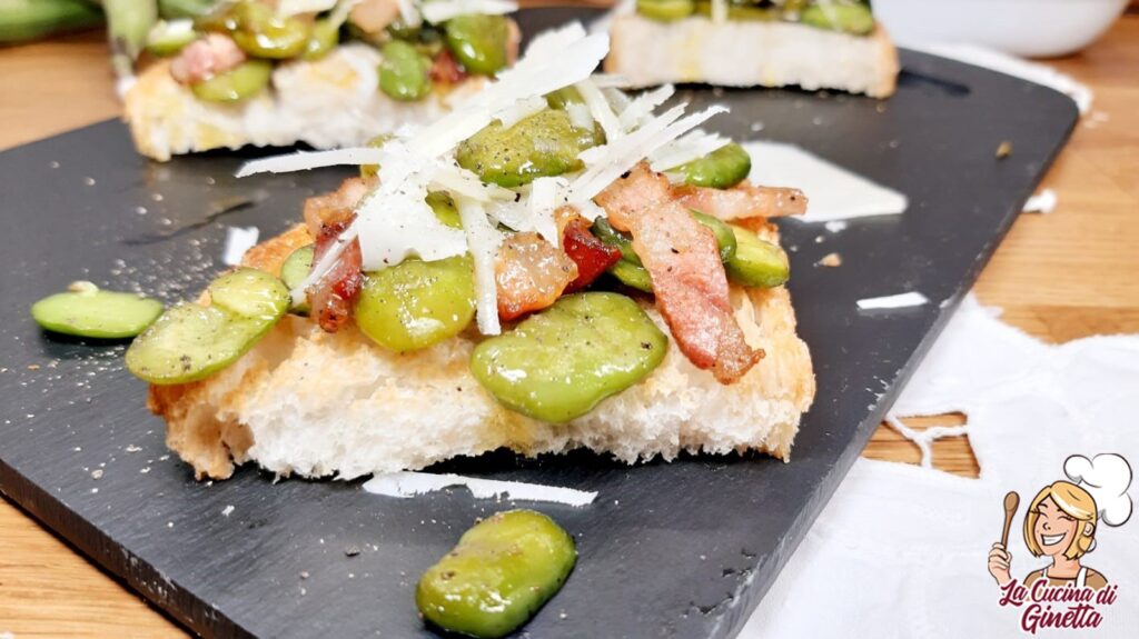 bruschetta con fave guanciale e pecorino