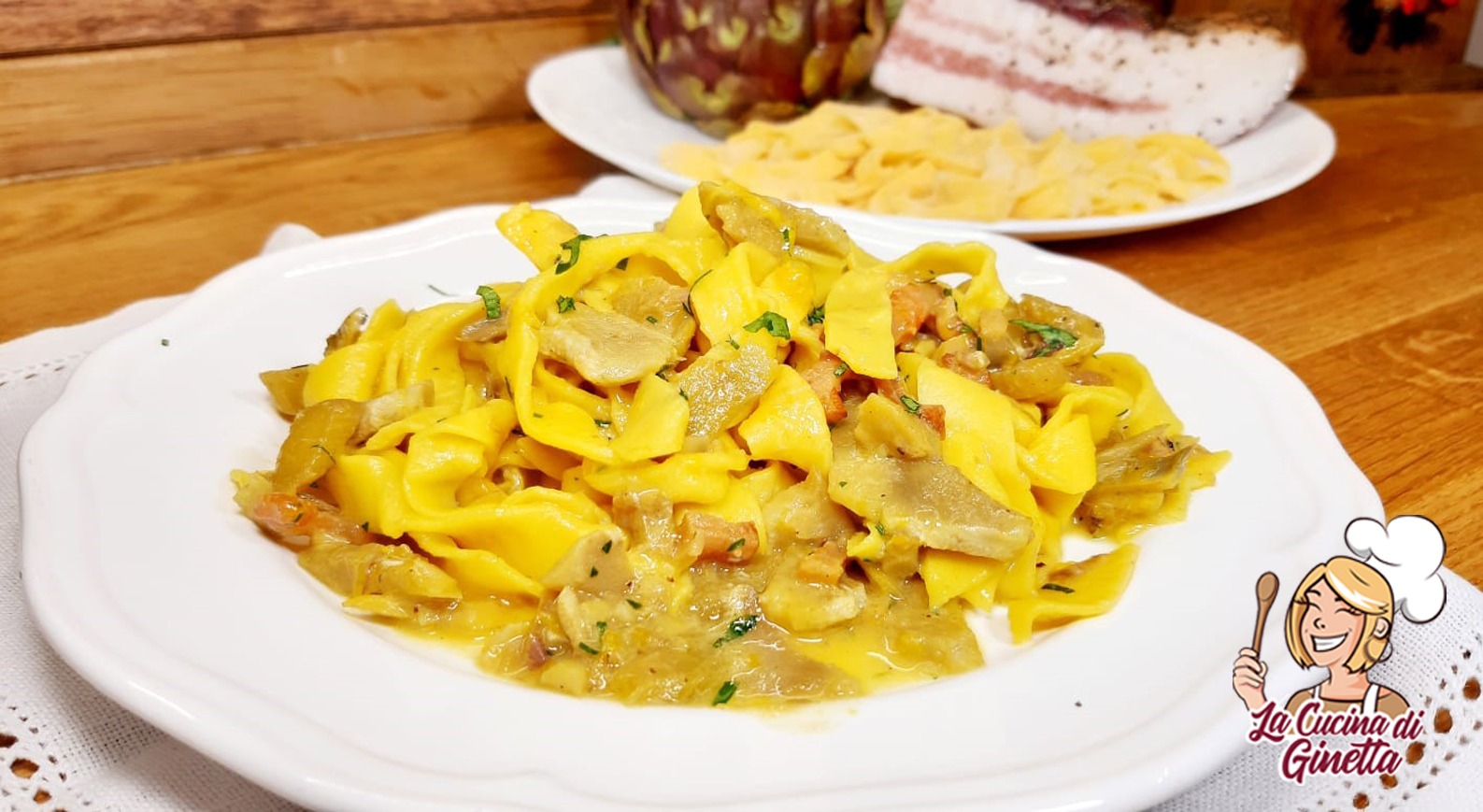 fettuccine fatte in casa con guanciale e carciofi