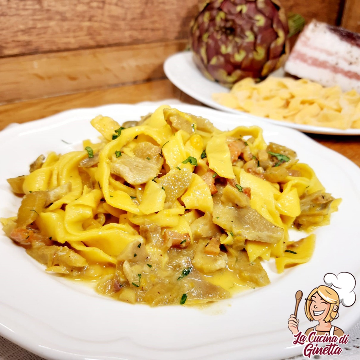 fettuccine fatte in casa con guanciale e carciofi