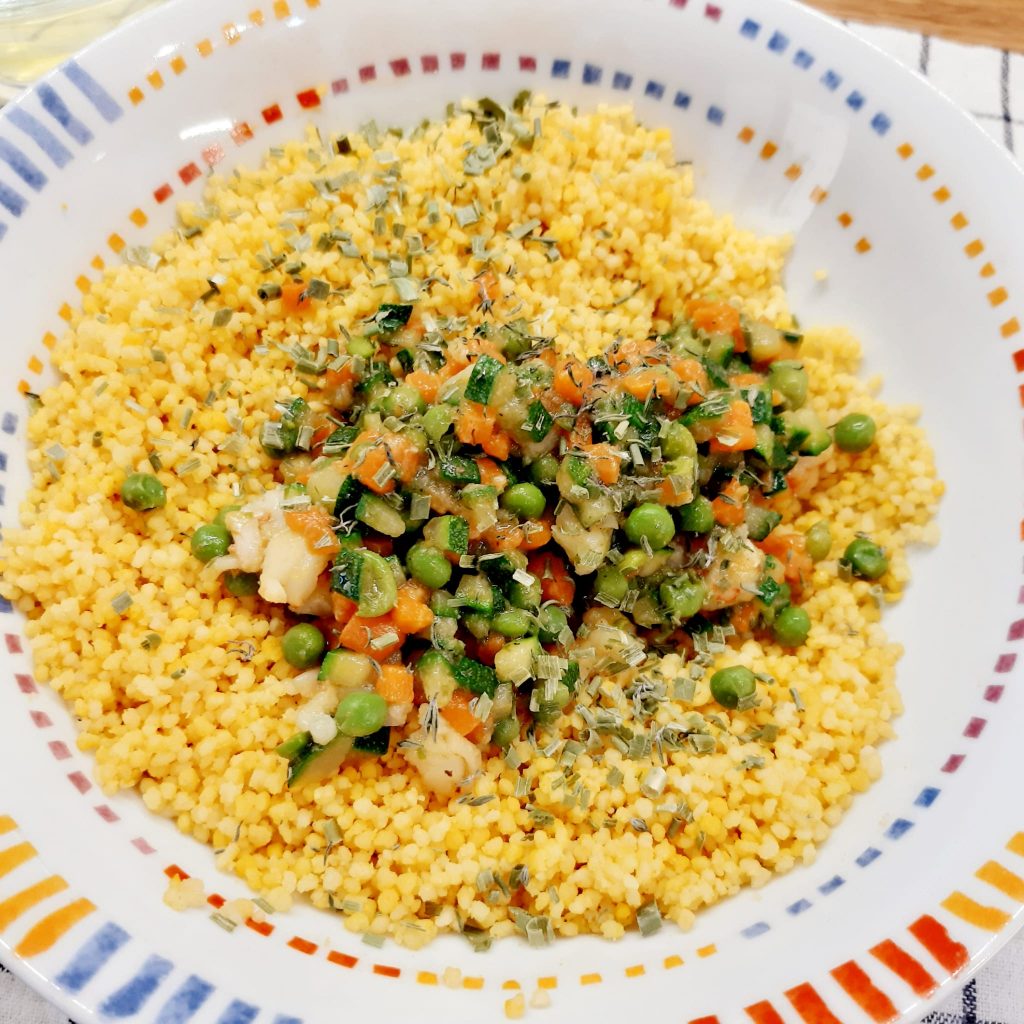 polpettine di cous cous  con verdure e gamberi