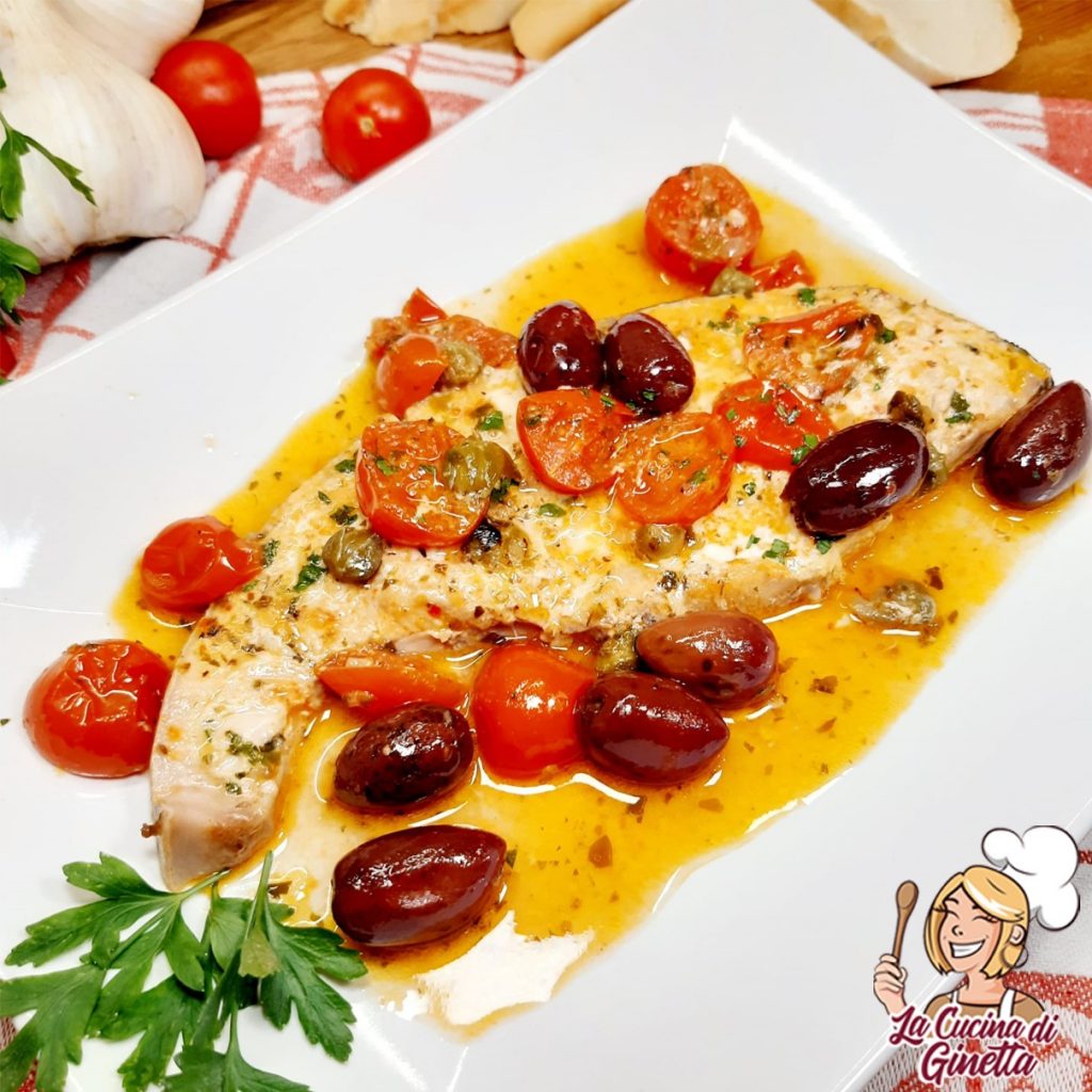 pesce spada con pomodorini capperi e olive Kalamon