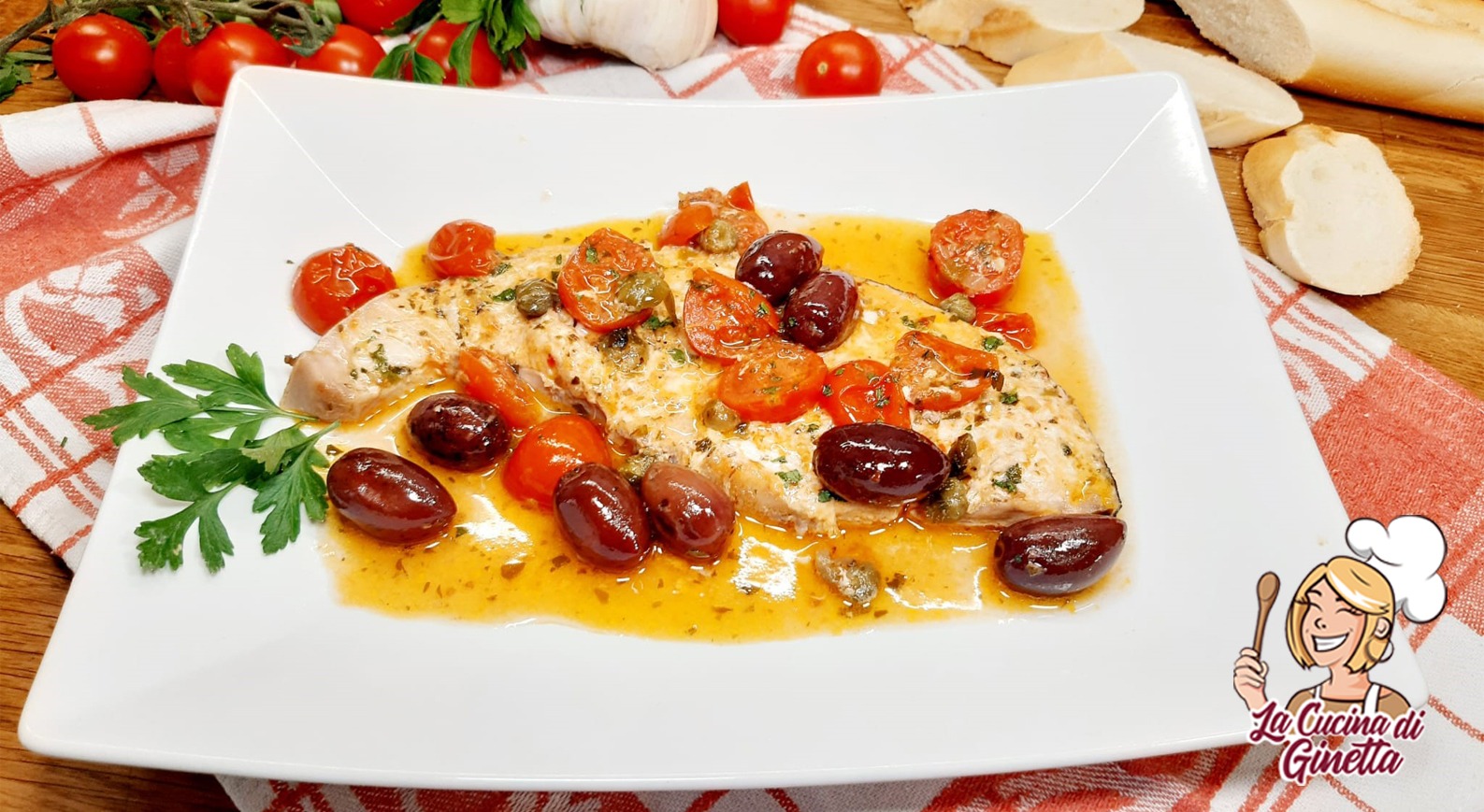 pesce spada con pomodorini capperi e olive Kalamon