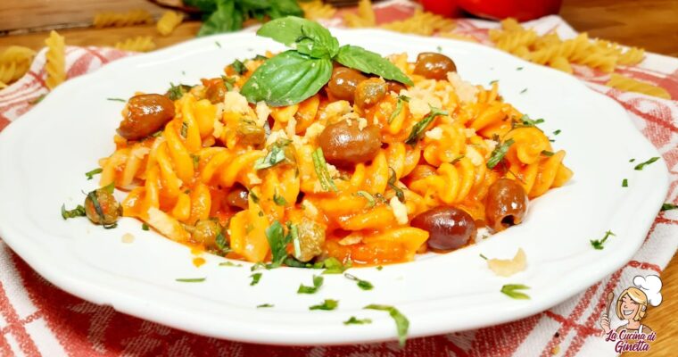 FUSILLI CON CREMA DI PEPERONI OLIVE E CAPPERI